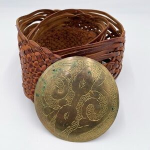 Vintage Braided Leather Hammered Medallion Belt Morocco Boho Bohemian Gypsy Y2K